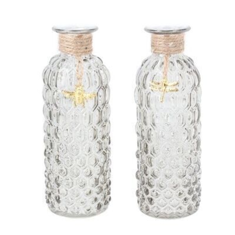 Grey glass textured bottles with gold bug and string detail. A lovely addition to your home for Spring and the perfect gift for Mothers day. 2 designs. By Gisela Graham.